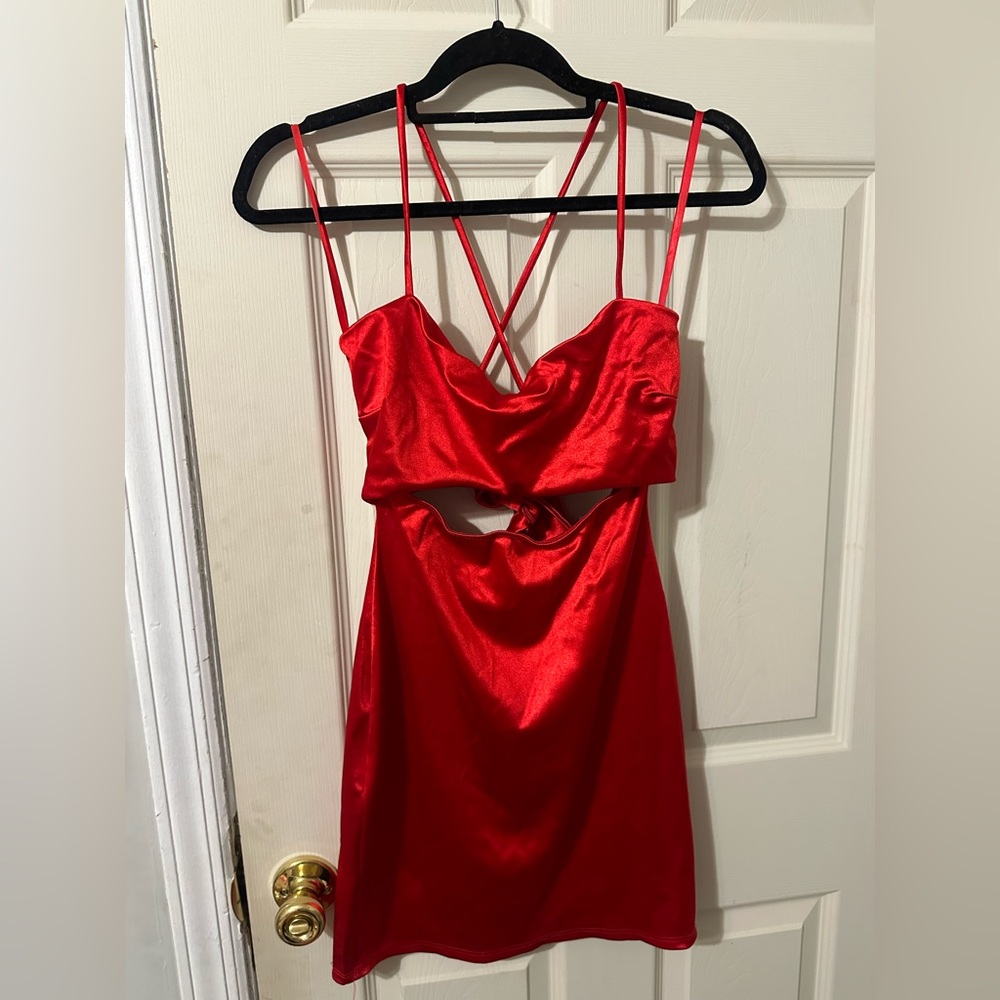 Red Cutout (Front and Back with tie) Satin Mini Dress